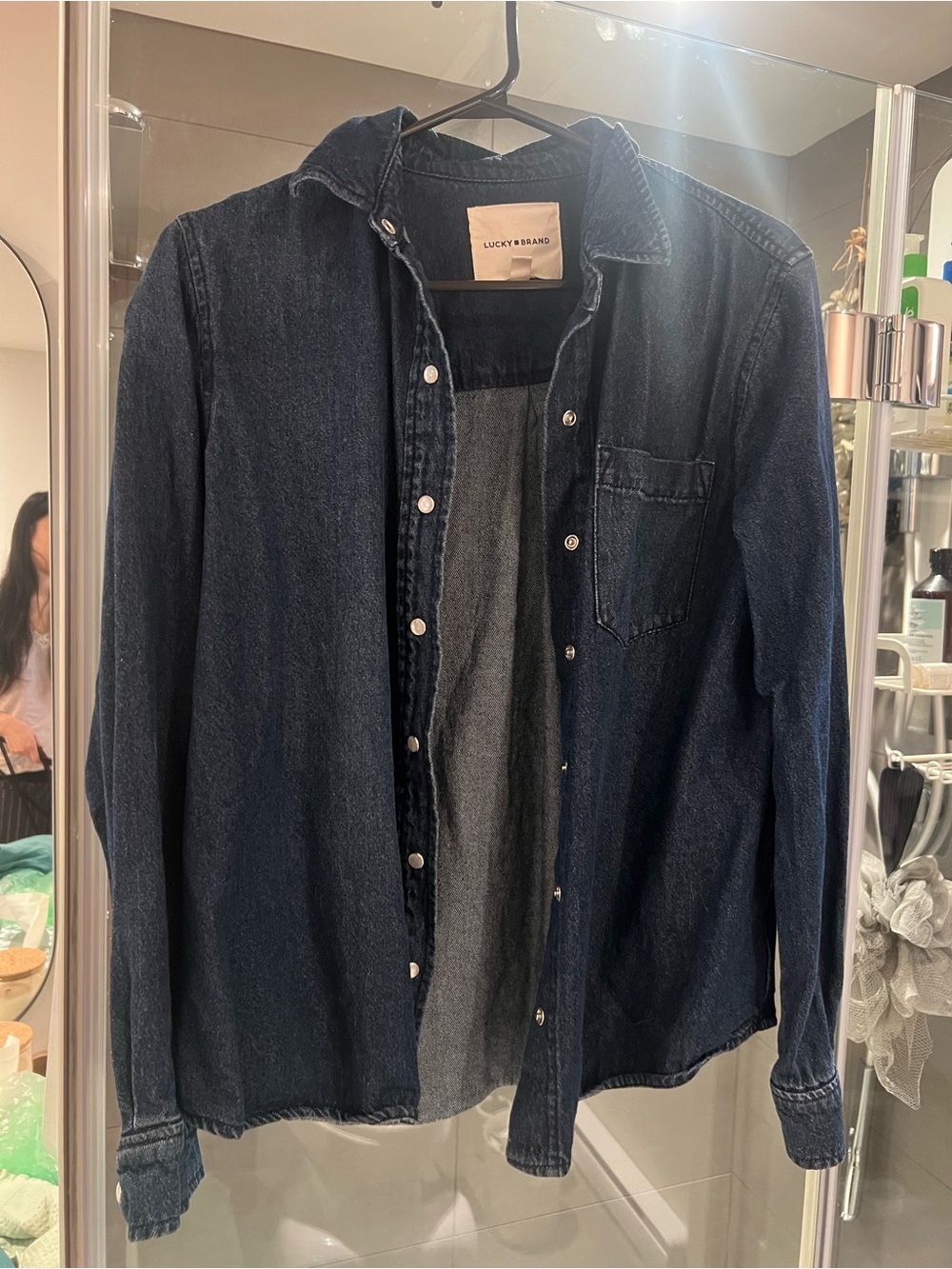 Lucky Brand Dark Indigo Denim Button Down Shirt with Mother of Pearl Buttons